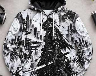 Samurai Warrior Zip-Up Hoodie, Japansk Streetwear, Urban Stadskonst (Heltryck)