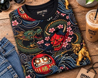 Japansk drake Oni Fransk Bulldogg Heltryckt T-shirt, Streetwear-tröja