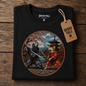 Può includere: Una t-shirt nera con una grafica circolare di due bulldog francesi vestiti con abiti da samurai, che impugnano spade. Lo sfondo mostra una pagoda, fiori di ciliegio e una montagna. Un'etichetta del marchio Bronx Tails è attaccata.