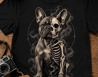 Fransk bulldogg skelett t-shirt, gotisk hund anatomi konst t-shirt