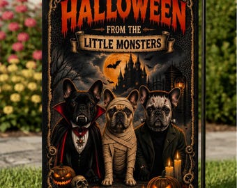 Fransk bulldogg Halloween trädgårdsflagga, små monster läskig hunddekoration