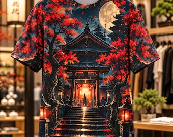 Japansk tempel, månbelyst pagoda, röda lönnlöv, t-shirt med heltäckande tryck