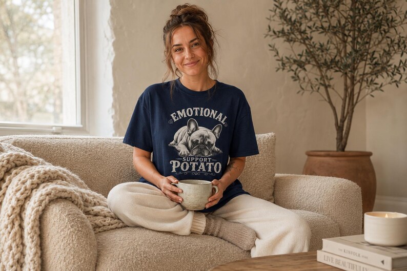 Może przedstawiać: Granatowa koszulka z napisem "EMOTIONAL SUPPORT POTATO" i grafiką buldoga francuskiego. Osoba trzyma beżowy kubek, siedząc na beżowej kanapie. Beżowy koc jest zarzucony na ramię kanapy.