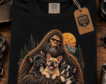 Bigfoot Fransk Bulldogg T-shirt, Retro Sasquatch Frenchie Outdoor T-shirt