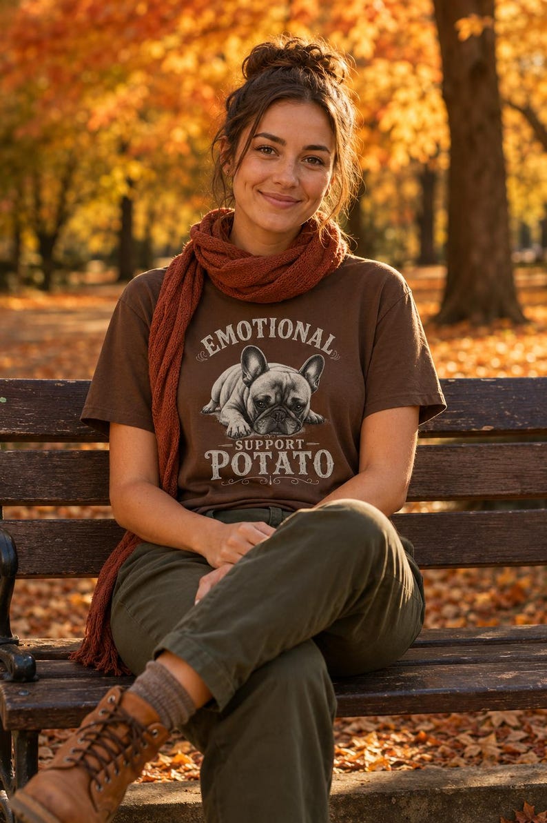 Może przedstawiać: Brązowa koszulka z napisem "EMOTIONAL SUPPORT POTATO" i grafiką buldoga francuskiego. Osoba ma na sobie szalik w kolorze rdzy i oliwkowe spodnie. Tło to park z jesiennymi liśćmi.