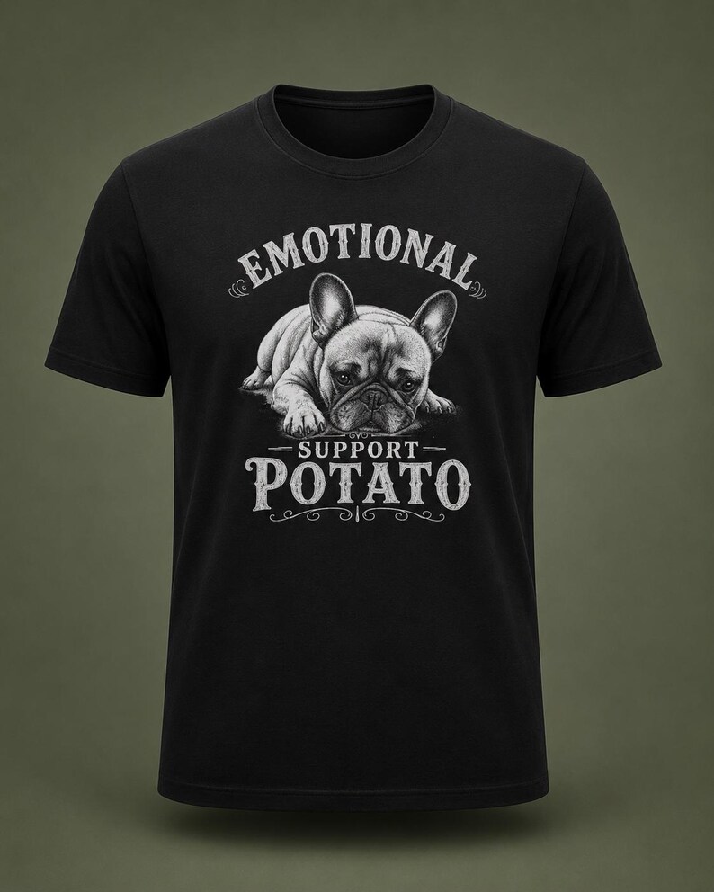 Może przedstawiać: Czarna koszulka z szczeg&oacute;łową ilustracją buldoga francuskiego. Tekst nad psem brzmi "EMOTIONAL", a pod nim "SUPPORT POTATO" w stylu vintage. Projekt jest w odcieniach szarości i bieli.