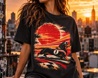 Vintage T-shirt med taxkapplöpning, retro t-shirt med wienerhundgrafik (komfortfärger 1717)