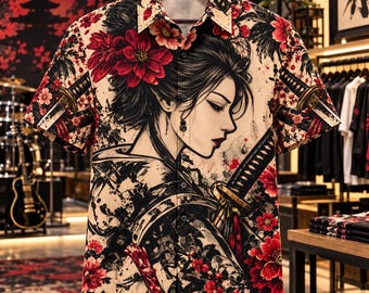 Japansk samurajblommig skjorta, röd krigarkonst, Tokyo Rock-stil (heltryck)