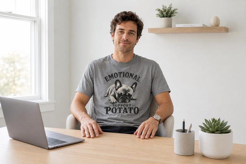 Może przedstawiać: Szara koszulka z napisem "EMOTIONAL SUPPORT POTATO" i grafiką buldoga francuskiego. Osoba siedzi przy drewnianym biurku z laptopem, pojemnikiem na długopisy i sukulentem w białej doniczce.