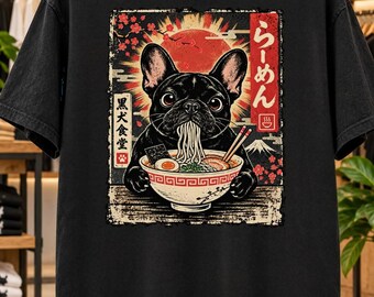 Vintage japansk Frenchie Ramen T-shirt, sliten retro grafisk t-shirt