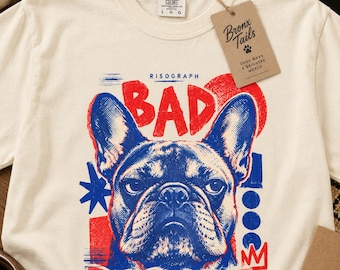 Bad Dog Club Fransk Bulldog Risograph T-shirt, Vintage Distressed Graphic T-shirt