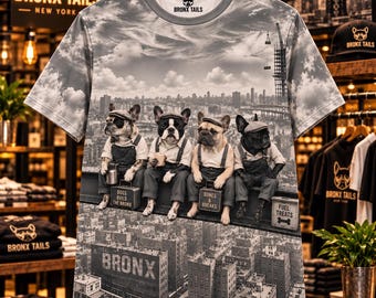 French Bulldog NYC Shirt, Bronx Frenchie All Over Print Tee, New York City Dog Shirt, Vintage Construction Bulldog Streetwear Gift