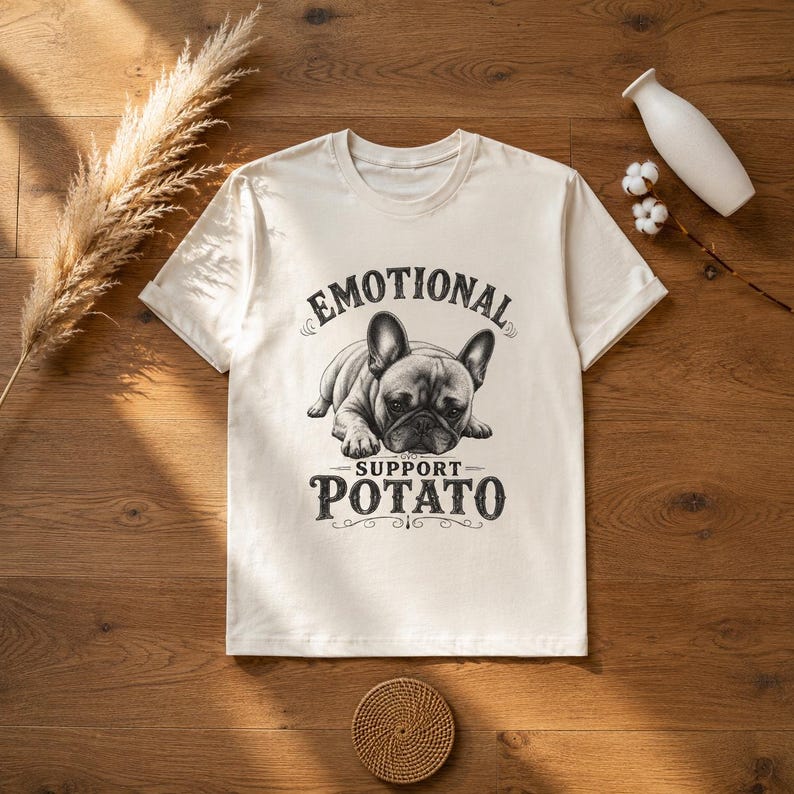 Może przedstawiać: Kremowy t-shirt z grafiką przedstawiającą buldoga francuskiego i napisem "EMOTIONAL SUPPORT POTATO" w stylu vintage. Pies leży, z uniesionymi uszami. Koszulka wykonana jest z miękkiego materiału.