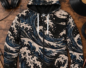 Japansk våghuvtröja med dragkedja, Ukiyo-e-inspirerad streetwear, marinblå svart grafisk huvtröja