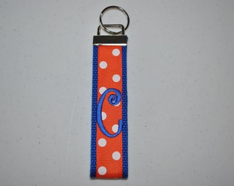 Florida Keychain -  Monogrammed Key Fob Keychain Cotton Royal Webbing Orange Ribbon Wristlet