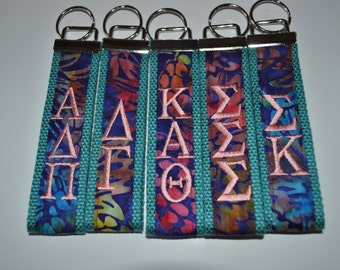 Sorority Keychain - Teal Geometric Fabric Key Fob Wristlet Official Licensed Greek Life Personlize Embroidery Choose Sorority, Teal Webbing