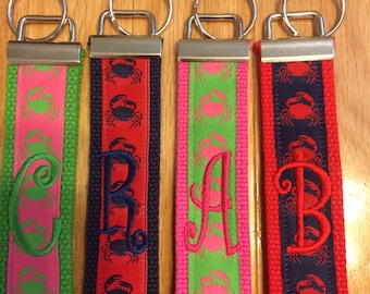 Keychain - Crabs, Choose Letter, Sorority, Grandmother, or Personalize Monogrammed KeyFob Keychain Cotton Webbing Jacquard Ribbon Wristlet