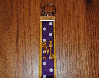 James Madison University/Keyfob/Keychain, East Caroline Univ, LSU -Purple and Gold Monogrammed Wristlet, Embroidered keychain