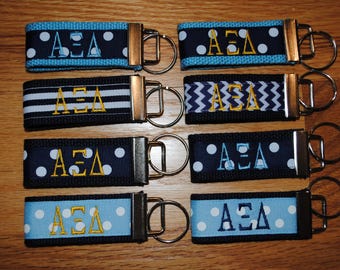 Alpha Xi Delta Sorority Keychain, Embroidered Ribbon Key Fob, 3 1/2" LONG