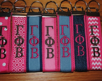 Gamma Phi Beta Sorority Keychain Monogrammed-Choose Design,Sorority, Letter, Personalized Wristlet Licensed product.Key Fob, Embroidery