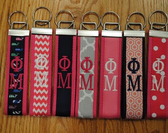 Phi Mu Sorority Keychain - Monogrammed-Choose Design,Sorority, Letter, Personalized Wristlet Licensed product.Key Fob, Embroidery