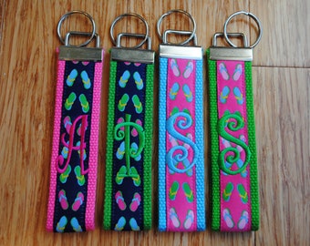 Keychain - Flip Flop, Choose Sorority/Letter/Grandmother Monogram Key Fob Keychain Cotton Webbing Jacquard Ribbon Wristlet Personalized