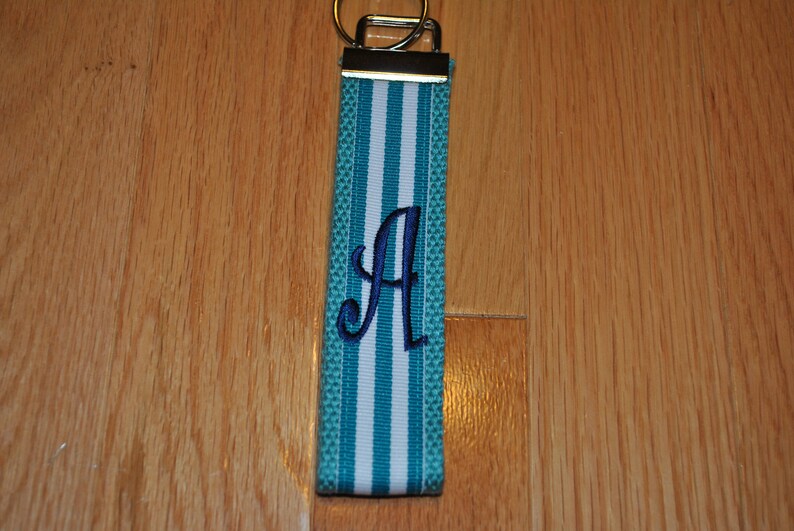 Striped Ribbon Keychain Monogrammed Key Fob Keychain Cotton Etsy