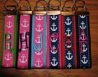 Keychain - Anchor, Keyfob, Choose Sorority/Letter/Grandmother/Beach Monogram Cotton Webbing Jacquard Ribbon Wristlet, Key Ring, Personalized