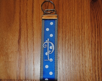 Christopher Newport University Keychain, Longwood Keychain -Monogrammed Key Fob  Cotton Gray Webbing Royal Blue Ribbon Wristlet