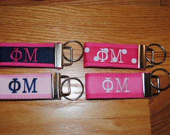 Phi Mu Sorority Keychain, Embroidered Letter Keyfob, Licensed Greek Gift