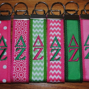 Delta Zeta - Sorority Keychain Monogrammed-Choose Sorority and Design, Personalized Wristlet Licensed product.Key Fob, Embroidery
