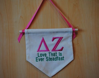 Delta Zeta Sorority Wall Hanging - Embroidered Banner, Pink & Green