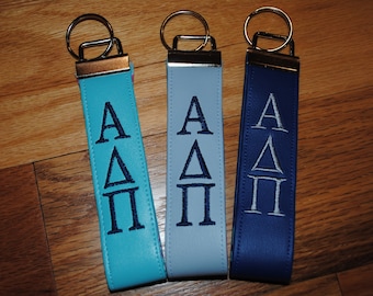 Alpha Delta Pi - Sorority Keychain, Faux Leather -Choose Color/Lining Wristlet, Licensed product, Embroidery, Keyfob, Vinyl