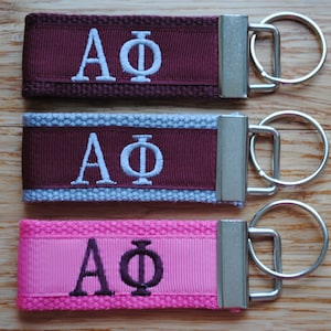 Alpha Phi Sorority Keychain/SMALL/Solid Ribbon/ Keyfob/Monogrammed/Choose Design/Sorority/Letter/Licensed product/Embroidery, 3 1/2&quot; long