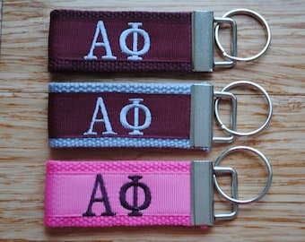 Alpha Phi Sorority Keychain/SMALL/Solid Ribbon/ Keyfob/Monogrammed/Choose Design/Sorority/Letter/Licensed product/Embroidery, 3 1/2" long