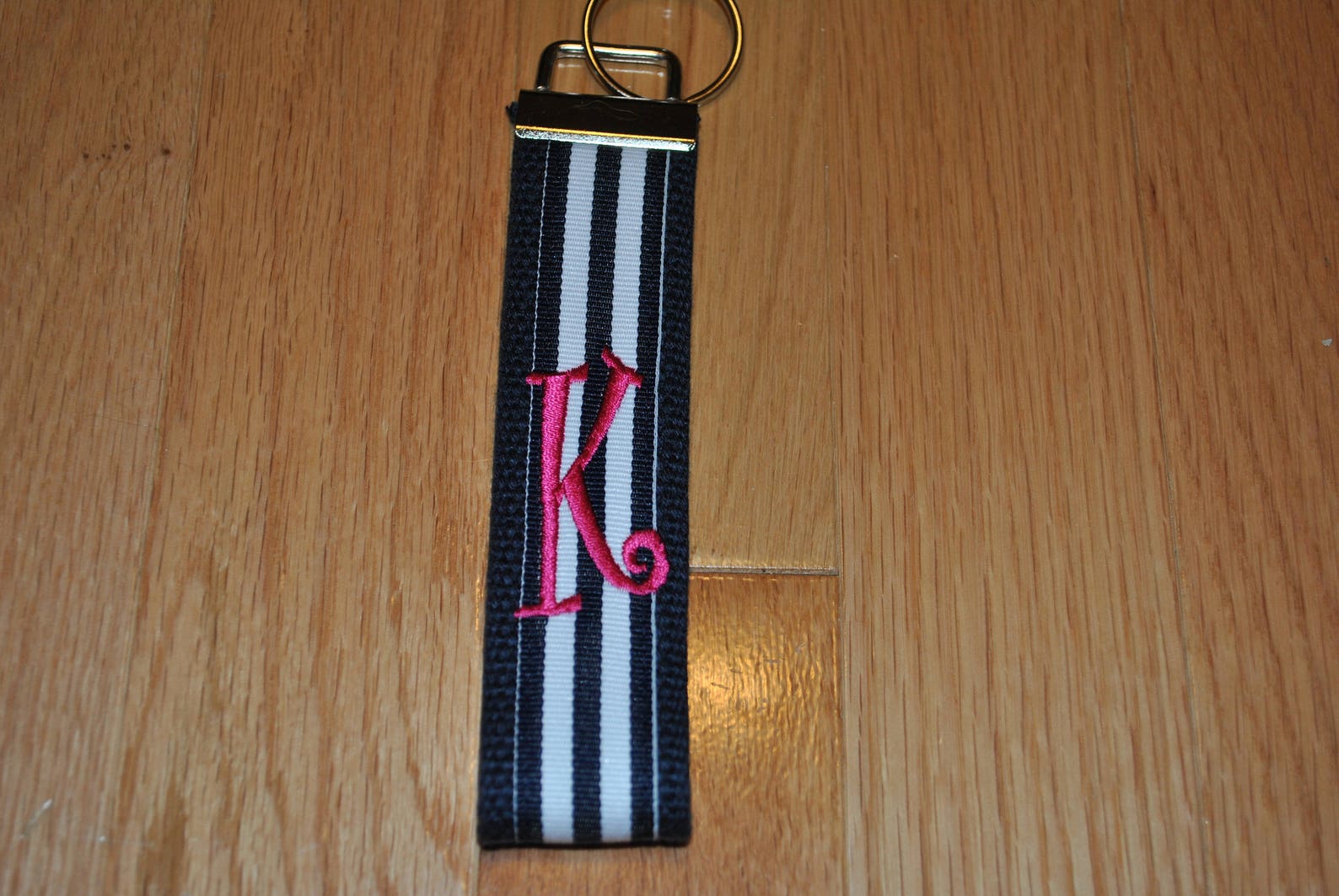 Striped Ribbon Keychain Monogrammed Key Fob Keychain Cotton Etsy