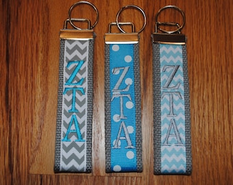 Zeta Tau Alpha Sorority Keychain -Choose Sorority,Design, or Personalized Wristlet Licensed product.Key Fob, Embroidery