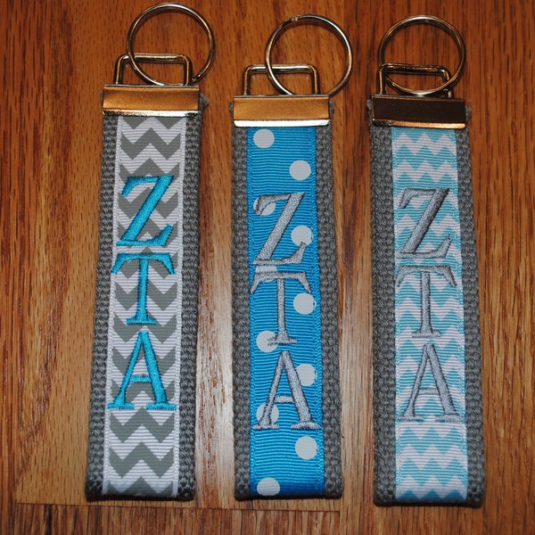 Zeta Tau Alpha Sorority Keychain -Choose Sorority,Design, Letter, or Personalized Wristlet Licensed product.Key Fob, Embroidery