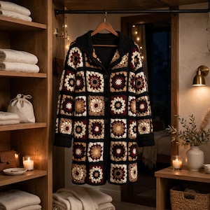 May include: A long-sleeved cardigan featuring a patchwork of crocheted granny squares in shades of black, cream, tan, and deep burgundy. The garment has a solid black collar, black cuffs, and a front button closure with three visible dark buttons.