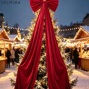 May include: A tall evergreen Christmas tree decorated with warm white string lights, featuring a large, deep red velvet bow at the top with two long fabric tails draping down the front. The text VELMIRA is visible in the upper left corner.