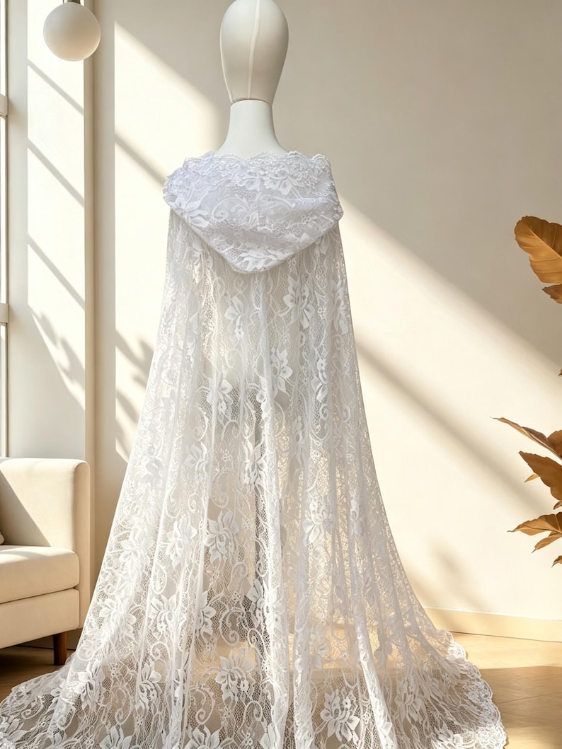 May include: A white lace hooded cape displayed on a mannequin. The cape features a floral pattern and a long, flowing design. The hood is also adorned with lace, creating a delicate and elegant look. The cape is suitable for weddings or special occasions.