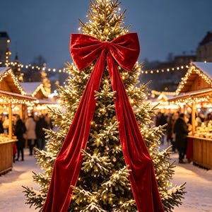 Puede incluir: Un árbol de Navidad cónico y alto decorado con luces blancas cálidas y un gran lazo de terciopelo rojo en la parte superior. Las largas y fluidas cintas del lazo caen por la parte frontal del árbol hasta llegar al suelo cubierto de nieve.