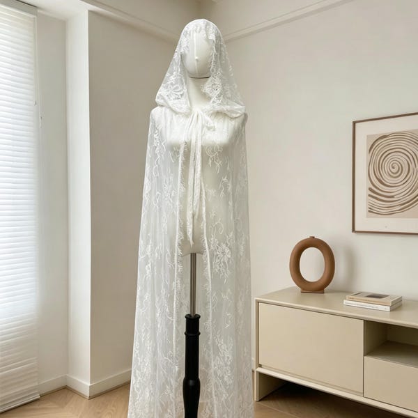 White Hooded Bridal Cape, Lace Wedding Capelet, Romantic Bridal Cover Up, Sheer Lace Cloak with Tie Front