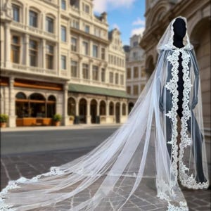 Cathedral Bridal Cape Veil, Hooded Lace Wedding Cloak, Long Train Sheer Bridal Shawl, Dramatic Bridal Cover Up