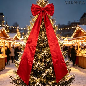Peut inclure: Un grand sapin de Noël enneigé, orné de guirlandes lumineuses blanc chaud et surmonté d'un grand nœud en satin rouge vif avec de longs pans tombants. Le logo VELMIRA avec une icône de croissant de lune et de plume est en haut à droite.