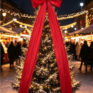 May include: A tall, conical evergreen tree decorated with warm white string lights and a light dusting of snow. A large, vibrant red fabric bow is positioned at the top, with two long, wide red ribbons trailing down the front of the tree.
