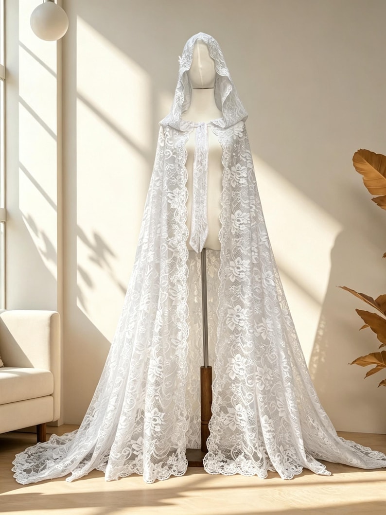 May include: A white lace hooded cape displayed on a mannequin. The cape features intricate floral patterns and a long train. The fabric appears delicate and flowing, with a soft, romantic aesthetic. The cape is designed for special occasions.