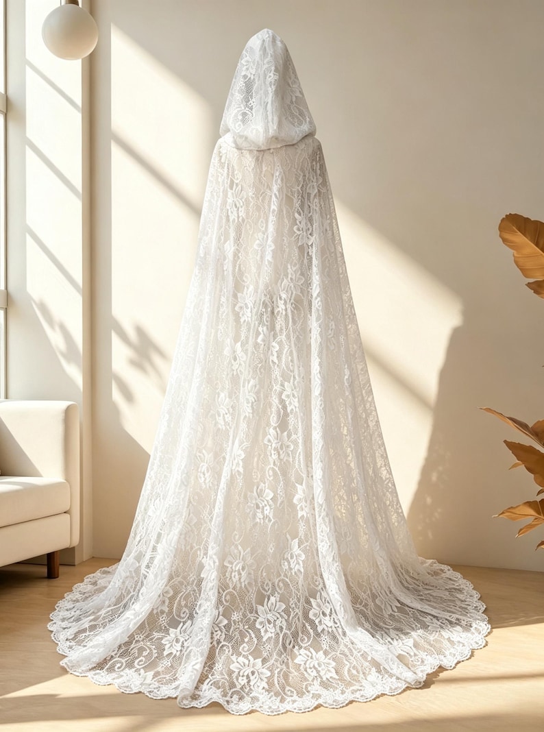 May include: A white lace hooded cape with a long train. The cape is made of delicate floral lace and drapes to the floor. The hood is also lace, and the cape is displayed in a well-lit room.