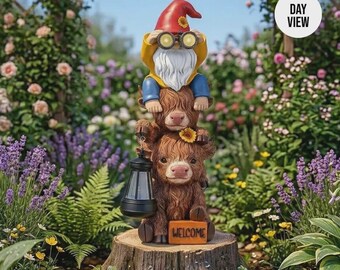 Highland Cow Gnome Lantern Statue | Solar Garden Companion, Rustic Farmhouse Decor