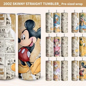 May include: A 20oz skinny straight tumbler featuring a vintage comic strip design with Mickey Mouse, Donald Duck, Goofy, Minnie Mouse, Pluto, and Daisy Duck. The wrap displays aged paper textures, black and white panels, and colorful character illustrations.